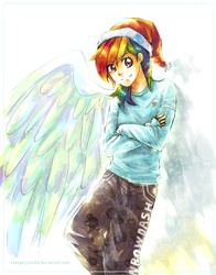 Size: 1300x1660 | Tagged: safe, artist:copygeijutsuka, rainbow dash, human, g4, crossed arms, female, hat, humanized, santa hat, solo, winged humanization