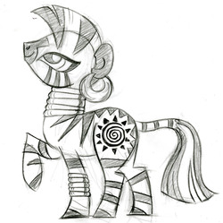 Size: 1104x1100 | Tagged: safe, artist:lauren faust, zecora, pony, zebra, g4, behind the scenes, color me, concept art, ear piercing, earring, female, jewelry, leg rings, mare, monochrome, neck rings, piercing, raised hoof, sketch, solo, what could have been