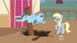 Size: 625x350 | Tagged: safe, screencap, derpy hooves, rainbow dash, pegasus, pony, g4, my little pony: friendship is magic, the last roundup, female, mare