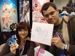 Size: 1024x768 | Tagged: safe, artist:lauren faust, dj pon-3, vinyl scratch, human, g4, glasses, irl, lauren faust, milky way and the galaxy girls, photo, sketch