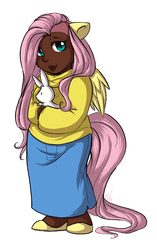 Size: 726x1158 | Tagged: safe, artist:collaredginger, angel bunny, fluttershy, human, g4, clothes, dark skin, eared humanization, humanized, simple background, skirt, tailed humanization, undercut, winged humanization