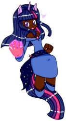 Size: 1024x1866 | Tagged: safe, artist:ashourii, twilight sparkle, human, g4, dark skin, eared humanization, female, horn, horned humanization, humanized, magic, simple background, solo, tailed humanization