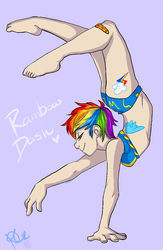 Size: 600x919 | Tagged: safe, artist:collaredginger, rainbow dash, human, g4, backbend, bandaid, bikini, clothes, contortionist, female, flexible, handstand, humanized, solo, swimsuit, wonderbolts swimsuit