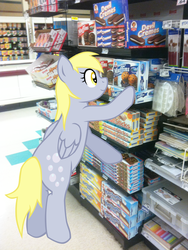 Size: 928x1236 | Tagged: safe, artist:ludiculouspegasus, derpy hooves, pony, g4, irl, muffin, photo, ponies in real life, shopping, vector