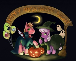 Size: 2788x2268 | Tagged: safe, artist:10307, big macintosh, cheerilee, earth pony, pony, g4, clothes, costume, duo, duo male and female, female, male, mare, nightmare night, nightmare night costume, pixiv, stallion, vampire costume, witch