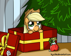 Size: 624x490 | Tagged: safe, artist:kiyoshiii, applejack, earth pony, pony, g4, box, christmas, christmas tree, female, pony in a box, present, solo, tree