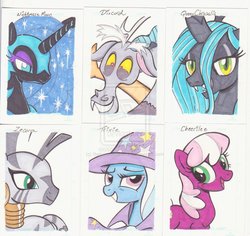 Size: 1024x965 | Tagged: dead source, safe, artist:thebatwoman616, cheerilee, discord, nightmare moon, queen chrysalis, trixie, zecora, alicorn, changeling, changeling queen, draconequus, earth pony, pony, unicorn, zebra, g4, bust, deviantart watermark, female, lidded eyes, male, mare, obtrusive watermark, open mouth, smiling, watermark