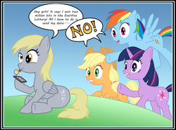 Size: 2279x1688 | Tagged: safe, artist:starbolt-81, applejack, derpy hooves, rainbow dash, twilight sparkle, pegasus, pony, g4, female, mare, nigerian scam, scam