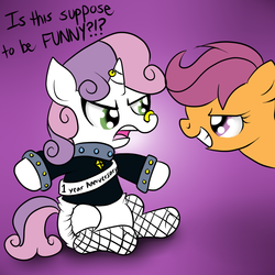 Size: 1200x1200 | Tagged: safe, artist:fillyscoots42, scootaloo, sweetie belle, pegasus, pony, unicorn, ask meanie belle, g4, crinkleloo, diaper, diaper fetish, female, filly, foal, horn, horn piercing, meanie belle, non-baby in diaper, nose piercing, piercing, prank, sitting