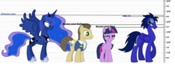 Size: 4000x1516 | Tagged: safe, artist:alexandru1208, davenport, princess luna, twilight sparkle, oc, alicorn, earth pony, pegasus, pony, unicorn, g4, comparison, female, goggles, height, male, mare, reference sheet, size chart, size comparison, smiling, spread wings, stallion