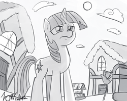 Size: 1024x819 | Tagged: safe, artist:icy-spy, twilight sparkle, pony, unicorn, g4, cloud, female, flower, mare, monochrome, ponyville, solo, sun