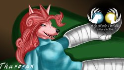 Size: 1600x900 | Tagged: safe, artist:tharesan, pinkie pie, wolf, anthro, g4, injured, species swap