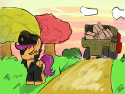 Size: 1024x768 | Tagged: safe, artist:acharmingpony, scootaloo, g4, big boss, cigar, crying, truck