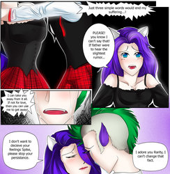 Size: 1024x1050 | Tagged: safe, artist:treacly, rarity, spike, g4, blushing, comic, eared humanization, female, humanized, male, ship:sparity, shipping, straight, tailed humanization