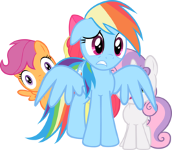 Size: 4000x3494 | Tagged: safe, artist:masamunya, artist:northernthestar, apple bloom, rainbow dash, scootaloo, sweetie belle, earth pony, pegasus, pony, unicorn, g4, cutie mark crusaders, female, filly, high res, mare, scared, simple background, transparent background, vector