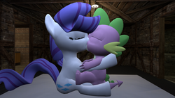 Size: 1600x900 | Tagged: dead source, safe, artist:dakkiller, rarity, spike, dragon, pony, unicorn, g4, duo, female, gmod, kissing, male, mare, ship:sparity, shipping, straight