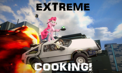 Size: 900x539 | Tagged: dead source, safe, artist:therr1212, pinkie pie, wild fire, earth pony, pony, yoshi, g4, back to the future, car, city, cooking, crossover, delorean, doctor who, egg, female, gmod, mare, sibsy, sunglasses, super mario bros., tardis, yoshi egg