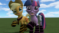 Size: 1364x768 | Tagged: safe, artist:zerandomdokthurr, applejack, twilight sparkle, g4, 3d, clothes, glasses, gmod, socks, striped socks