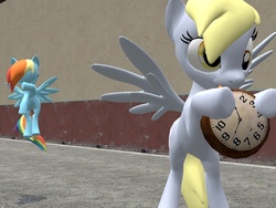 Size: 1024x768 | Tagged: safe, artist:iflysna94, derpy hooves, rainbow dash, pegasus, pony, g4, 3d, clock, female, gmod, mare