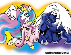 Size: 1000x773 | Tagged: safe, artist:anibaruthecat, princess cadance, princess celestia, princess luna, alicorn, pony, g4, alicorn triarchy, prone