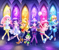 Size: 1660x1407 | Tagged: safe, artist:kagomesarrow, angel bunny, applejack, fluttershy, pinkie pie, rainbow dash, rarity, spike, twilight sparkle, human, g4, clothes, humanized, mane seven, skirt