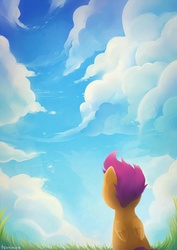 Size: 496x701 | Tagged: safe, artist:tsurime, scootaloo, pegasus, pony, g4, cloud, cloudy, female, filly, foal, grass, looking up, rear view, scenery, sitting, sky, solo, vertigo