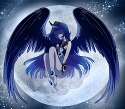 Size: 695x605 | Tagged: safe, artist:zoe-productions, princess luna, human, g4, barefoot, feet, female, horn, horned humanization, humanized, legs, moon, solo, winged humanization