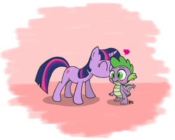 Size: 2370x1888 | Tagged: safe, artist:saturtron, spike, twilight sparkle, dragon, pony, unicorn, g4, blushing, cheek kiss, duo, eyes closed, female, heart, kissing, male, mare, ship:twispike, shipping, spikelove, straight, unicorn twilight