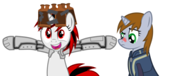 Size: 6000x2673 | Tagged: safe, artist:brisineo, oc, oc only, oc:blackjack, oc:littlepip, cyborg, pony, unicorn, fallout equestria, fallout equestria: project horizons, g4, alcohol, amputee, blushing, clothes, cybernetic legs, faic, fanfic, fanfic art, female, horn, jumpsuit, level 1 (project horizons), mare, queen whiskey, show accurate, simple background, transparent background, vault suit, vector, whiskey