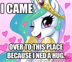 Size: 800x695 | Tagged: safe, artist:johnjoseco, edit, princess celestia, alicorn, pony, g4, bait and switch, bronybait, female, heart, i came, image macro, implied hug, looking at you, mare, misspelling, open mouth, open smile, paraprosdokian, pink background, pretty princess, simple background, smiling, smiling at you, wink