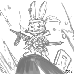 Size: 1280x1280 | Tagged: safe, artist:johnjoseco, angel bunny, rabbit, g4, animal, badass, crossover, grayscale, gun, male, monochrome, smoking, solo, weapon