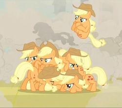 Size: 720x638 | Tagged: safe, screencap, applejack, changeling, a canterlot wedding, g4, cannonball, disguise, disguised changeling, dogpile, fight, pony pile