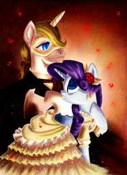 Size: 874x1200 | Tagged: safe, artist:whitestar1802, prince blueblood, rarity, pony, unicorn, g4, clothes, dress, duo, female, flower, flower in hair, male, mare, mask, phantom of the opera, stallion