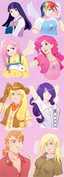 Size: 1000x2750 | Tagged: safe, artist:punpunichu, angel bunny, applejack, big macintosh, derpy hooves, fluttershy, pinkie pie, rainbow dash, rarity, twilight sparkle, human, rabbit, g4, humanized, mane six