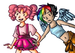 Size: 504x360 | Tagged: safe, artist:nina-chan5202, pinkie pie, rainbow dash, human, g4, humanized, winged humanization