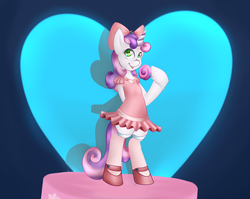 Size: 1280x1017 | Tagged: artist needed, safe, sweetie belle, pony, semi-anthro, g4, :p, bipedal, cats don't dance, clothes, crossover, cute, darla dimple, dress, hoof hold, lollipop, smiling, stockings, tongue out