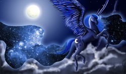 Size: 4500x2667 | Tagged: safe, artist:laffy-taffy247, princess luna, horse, pony, g4, cloud, cloudy, female, flying, moon, night, realistic, solo