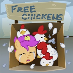 Size: 500x500 | Tagged: safe, artist:amehdaus, scootaloo, chicken, g4, abandoned, box, chick, crying, feather, orphan, sad, scootabuse, scootachicken, street