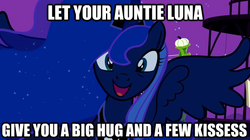 Size: 625x350 | Tagged: safe, edit, edited screencap, screencap, princess luna, pony, g4, luna eclipsed, bronybait, ethereal mane, female, hug, huzzah, image macro, mare, misspelling, open mouth, smiling, spread wings, starry mane, wings