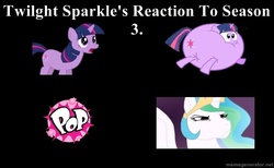 Size: 890x550 | Tagged: dead source, safe, princess celestia, twilight sparkle, alicorn, pony, unicorn, g4, burst, comic, exploitable meme, female, mare, memegenerator, pop, popping, wide eyes