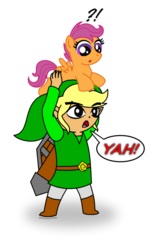 Size: 896x1440 | Tagged: safe, artist:aleximusprime, scootaloo, chicken, g4, confused, crossover, cucco, lifting, link, nintendo, parody, scootachicken, simple background, the legend of zelda, the legend of zelda: the minish cap, the legend of zelda: the wind waker, toon link, transparent background