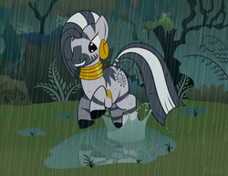 Size: 825x637 | Tagged: safe, artist:fetchbeer, zecora, zebra, g4, everfree forest, female, puddle, rain, solo, wet mane