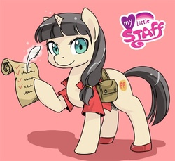 Size: 500x458 | Tagged: source needed, useless source url, safe, artist:shepherd0821, pony, unicorn, paper, quill, red background, simple background, solo