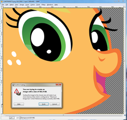 Size: 1053x998 | Tagged: safe, applejack, earth pony, pony, g4, alpha channel, gimp, microsoft windows, scaling warning message, too big, wilber, windows 7