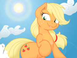 Size: 1800x1357 | Tagged: safe, artist:joey darkmeat, artist:starbolt-81, applejack, pony, g4, cloud, cloudy, female, hatless, looking at you, looking down, missing accessory, raised hoof, sky, solo, sun