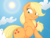 Size: 1800x1357 | Tagged: safe, artist:joey darkmeat, artist:starbolt-81, applejack, earth pony, pony, g4, cloud, cloudy, day, eyelashes, female, hatless, lens flare, looking at you, looking down, mare, missing accessory, raised hoof, sky, solo, sun