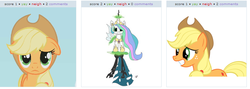 Size: 783x280 | Tagged: safe, applejack, princess celestia, queen chrysalis, g4, exploitable meme, juxtaposition, juxtaposition win