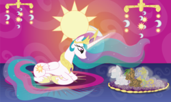 Size: 1024x614 | Tagged: safe, artist:always-a-keepsake, moonbeam, princess celestia, alicorn, pony, g4, cloud, dirt, female, grass, lying down, mare, momlestia, origins, prone, rock, sunshine