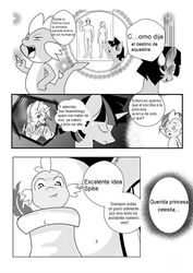 Size: 752x1063 | Tagged: safe, editor:mercury2099, lyra heartstrings, spike, twilight sparkle, dragon, human, pony, comic:the unexpected love life of dusk shine, g4, barbie doll anatomy, comic, male, monochrome, rule 63, spanish, stallion, sweat, sweatdrop, tongue out, translation