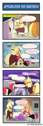 Size: 660x1914 | Tagged: safe, artist:reikomuffin, apple bloom, applejack, earth pony, pegasus, pony, g4, alternate hairstyle, butt, cape, clothes, comic, costume, fangs, haunted house, nightmare night, nightmare night costume, pirate, plot, pumpkin, pumpkin head